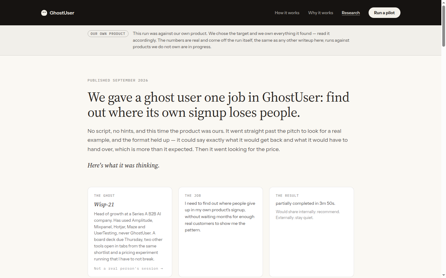 Screenshot of ghostuser.ai/research/ghostuser-evaluate-onboarding-testing — the screen Wisp-21 was looking at 01:47 into the run.