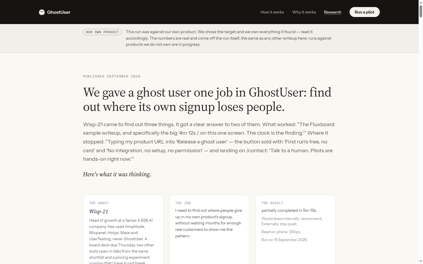 Screenshot of ghostuser.ai/research/ghostuser-evaluate-onboarding-testing-phone — the screen Wisp-21 was looking at 02:27 into the run.