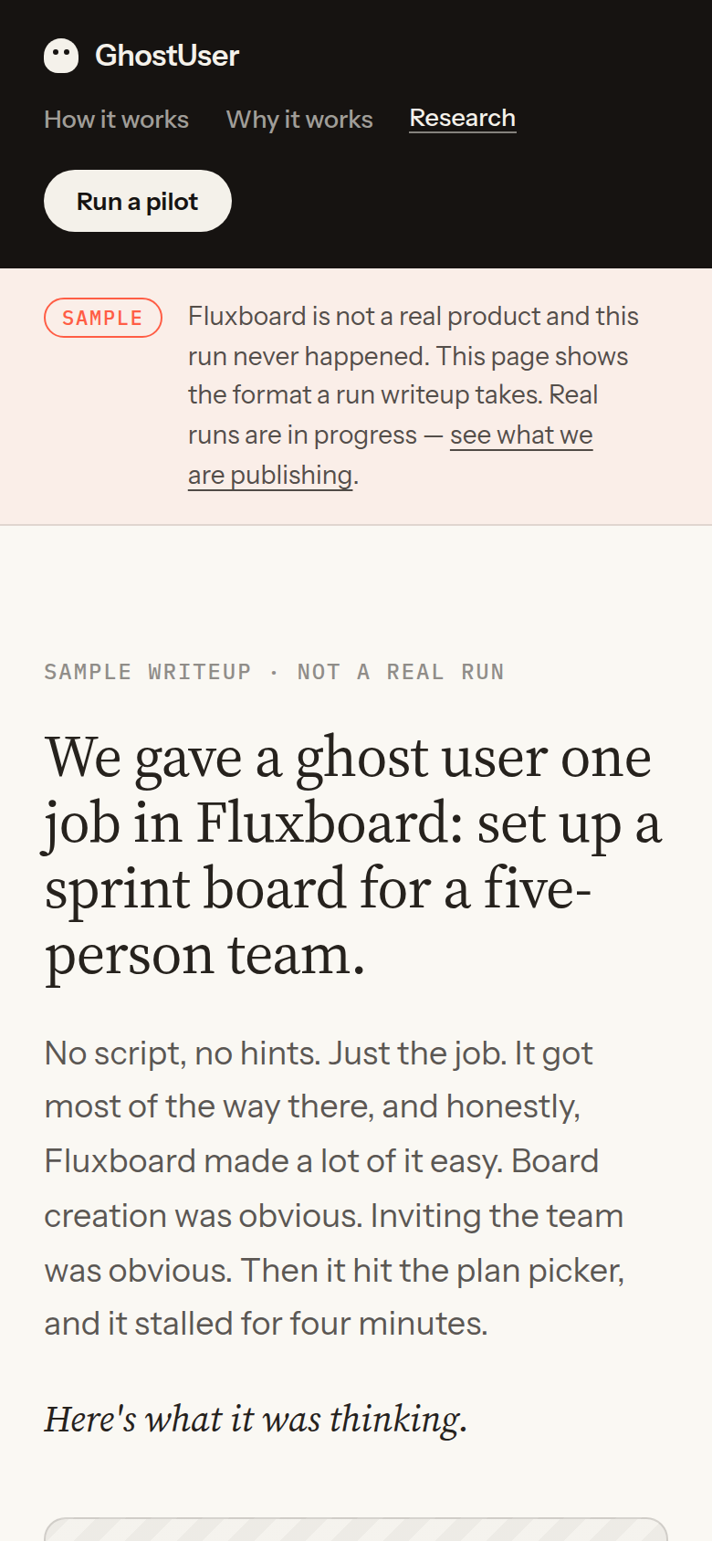 Screenshot of ghostuser.ai/research/fluxboard-sprint-board — the screen Wisp-21 was looking at 01:54 into the run.