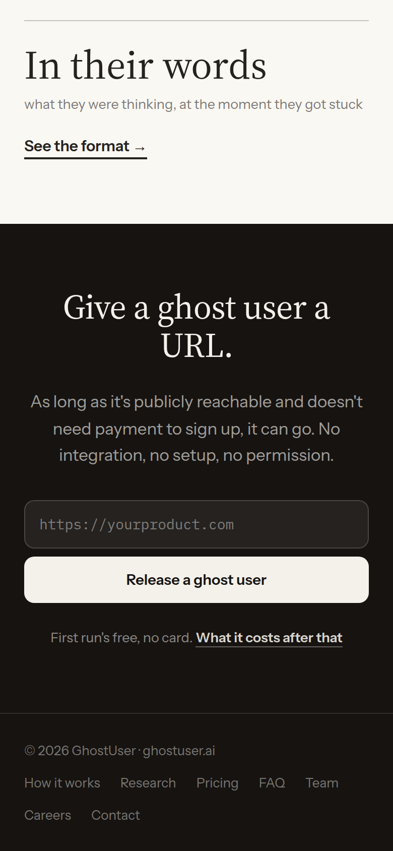 Screenshot of ghostuser.ai — the screen Wisp-21 was looking at 03:02 into the run.