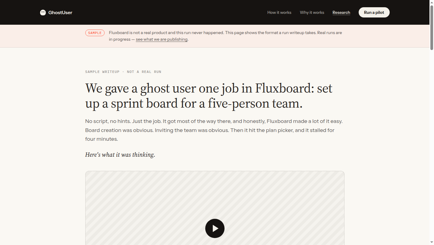Screenshot of ghostuser.ai/research/fluxboard-sprint-board — the screen Wisp-21 was looking at 00:54 into the run.