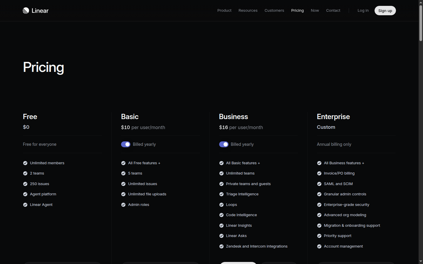 Screenshot of linear.app/pricing — the screen Wisp-11 was looking at 02:36 into the run.