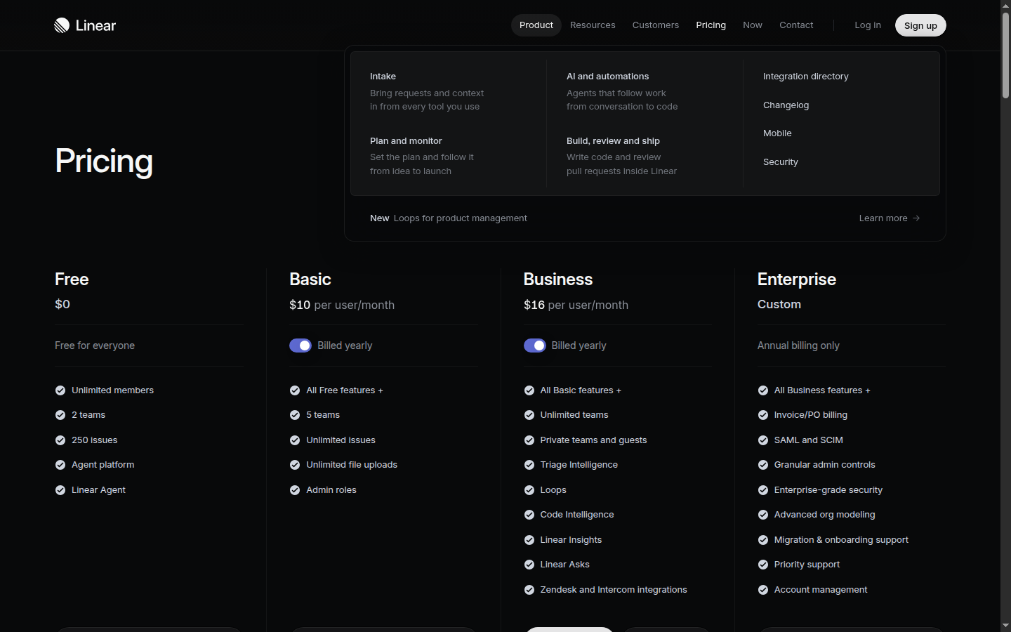 Screenshot of linear.app/pricing — the screen Wisp-11 was looking at 03:28 into the run.